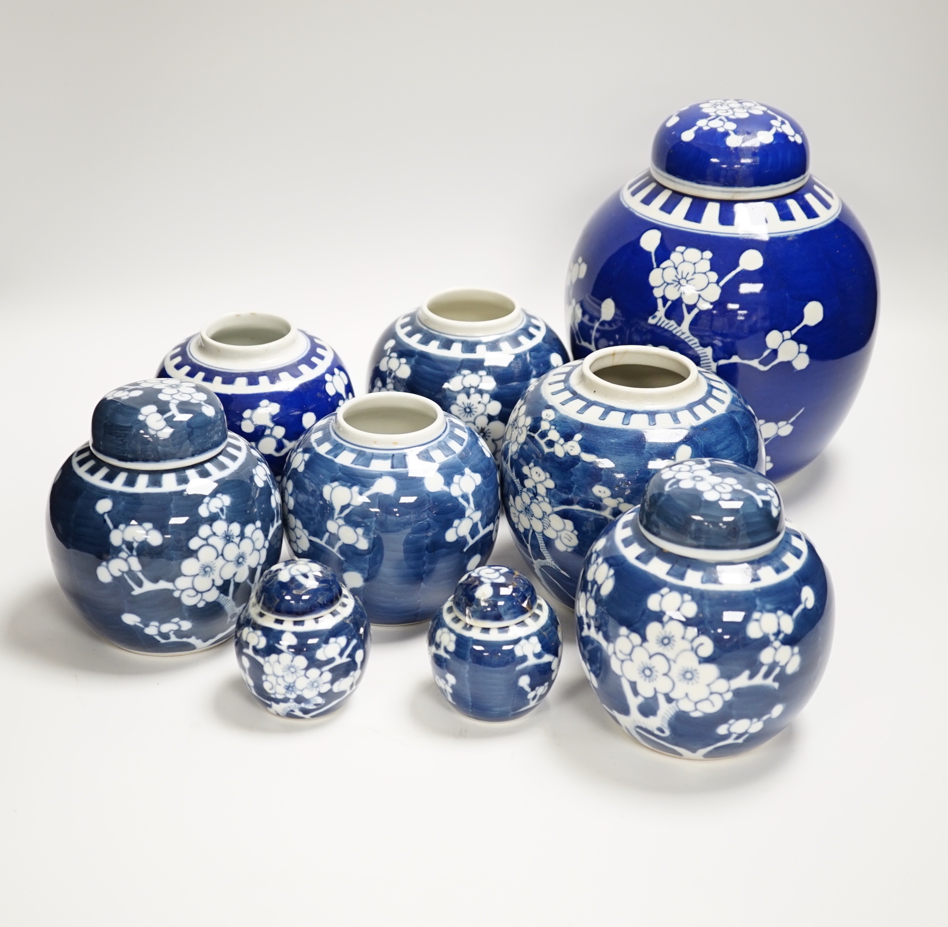 Nine mixed Chinese blue and white prunus jars, five with covers, largest 22cm high